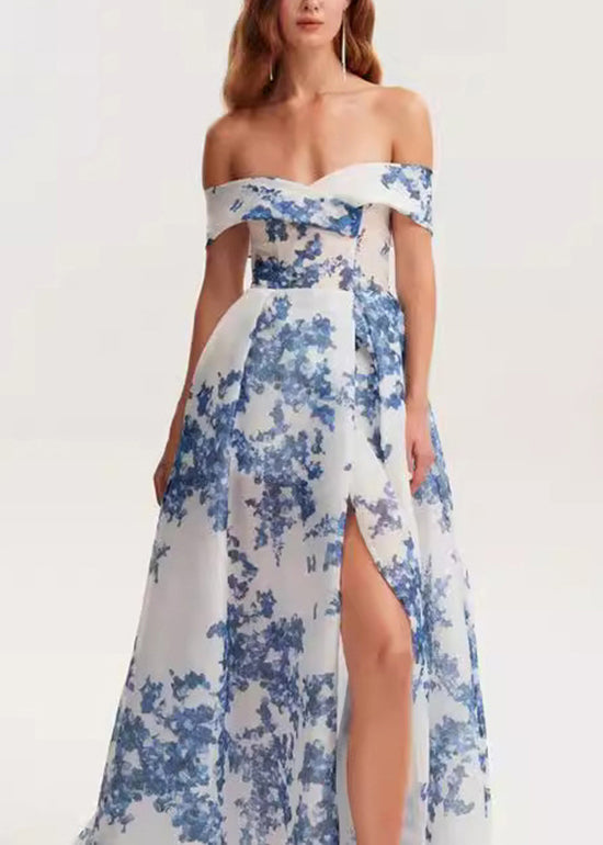 New Off Shoulder Print Organza Long Dress Summer