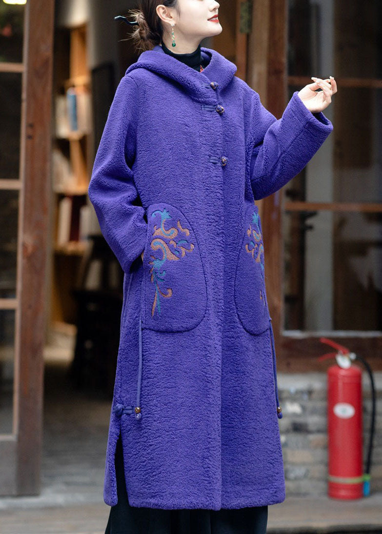 Purple Hooded Embroideried Tassel Teddy Faux Fur Coats Winter