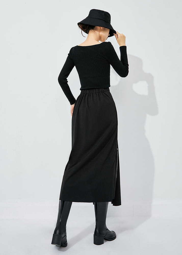 Slim Fit Black High Waist Zippered Side Open a Line Skirt Summer