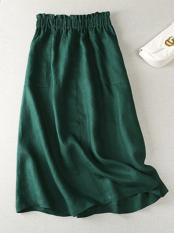 Color Elastic Waist A-line Linen Skirt