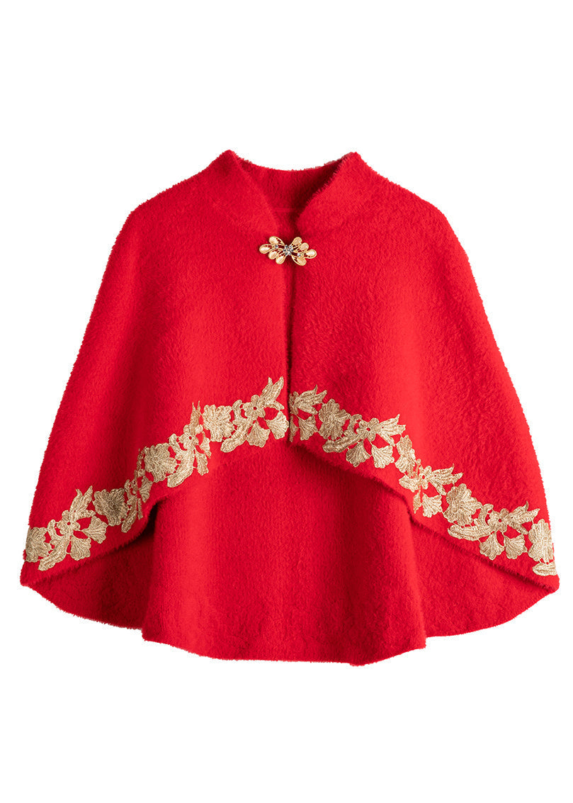 Classy Red Stand Collar Embroidered Patchwork Mink Velvet Coats Fall