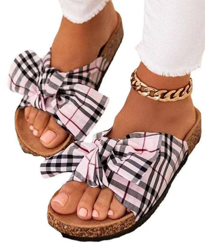 Khaki Beach Slide Sandals Splicing Bow Canvas