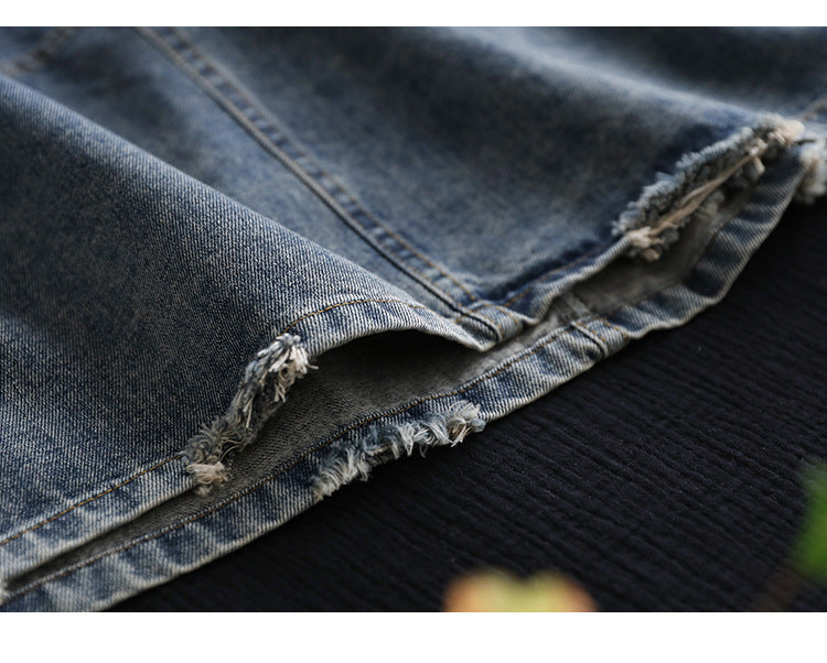 Denim Shredded Embroidered A-line Skirt