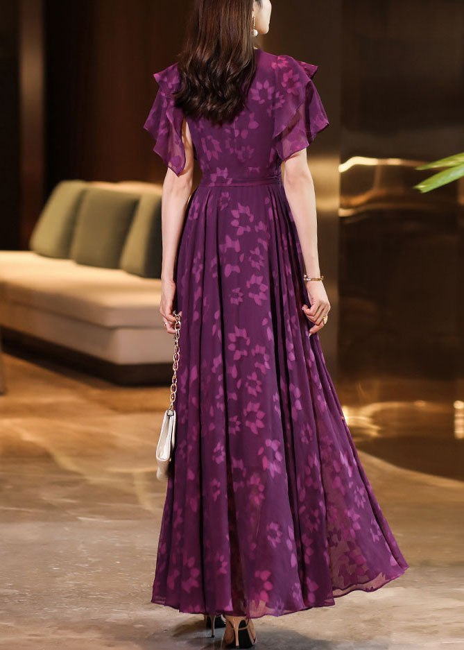 Purple O-neck Print Ruffled Wrinkled Chiffon Maxi Dress Short Sleeve