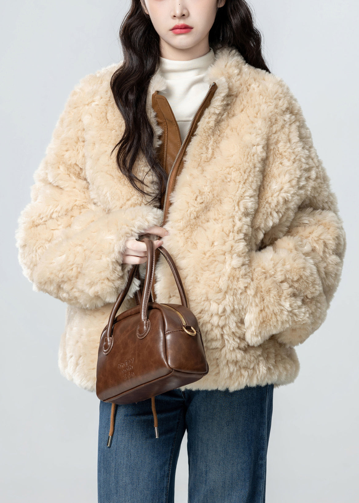 Loose Caramel Zip Up Pockets Wear on Both Sides Teddy Faux Fur Coats Winter