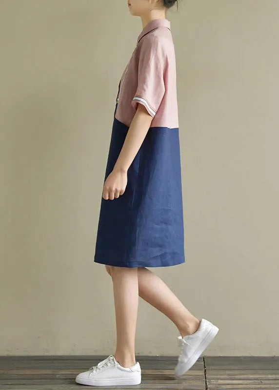Pink Patchwork Blue Linen Robes Lapel Shift Summer Dress