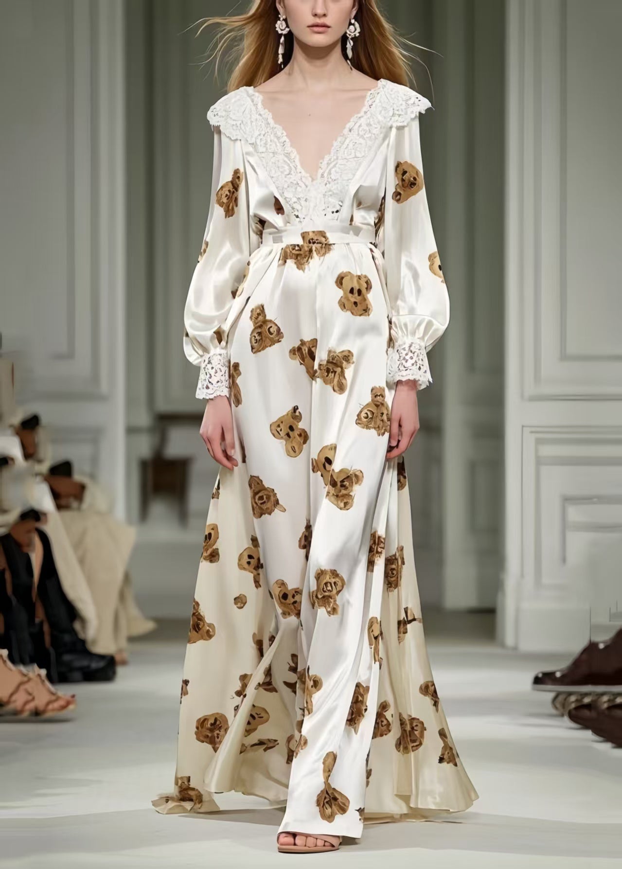 Little Bear Print Patchwork Lace Silk Long Dress Spring