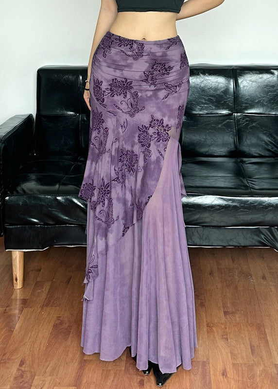 Novelty Purple Lace Up Tulle Patchwork Tops and Skirts Two-piece Set Spring