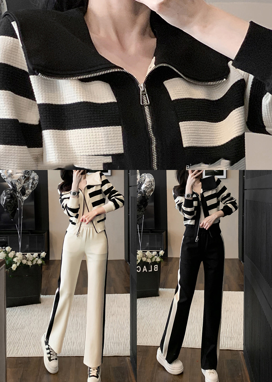 Apricot Striped Zippered Cotton Tops and Pants Sport Suit Spring