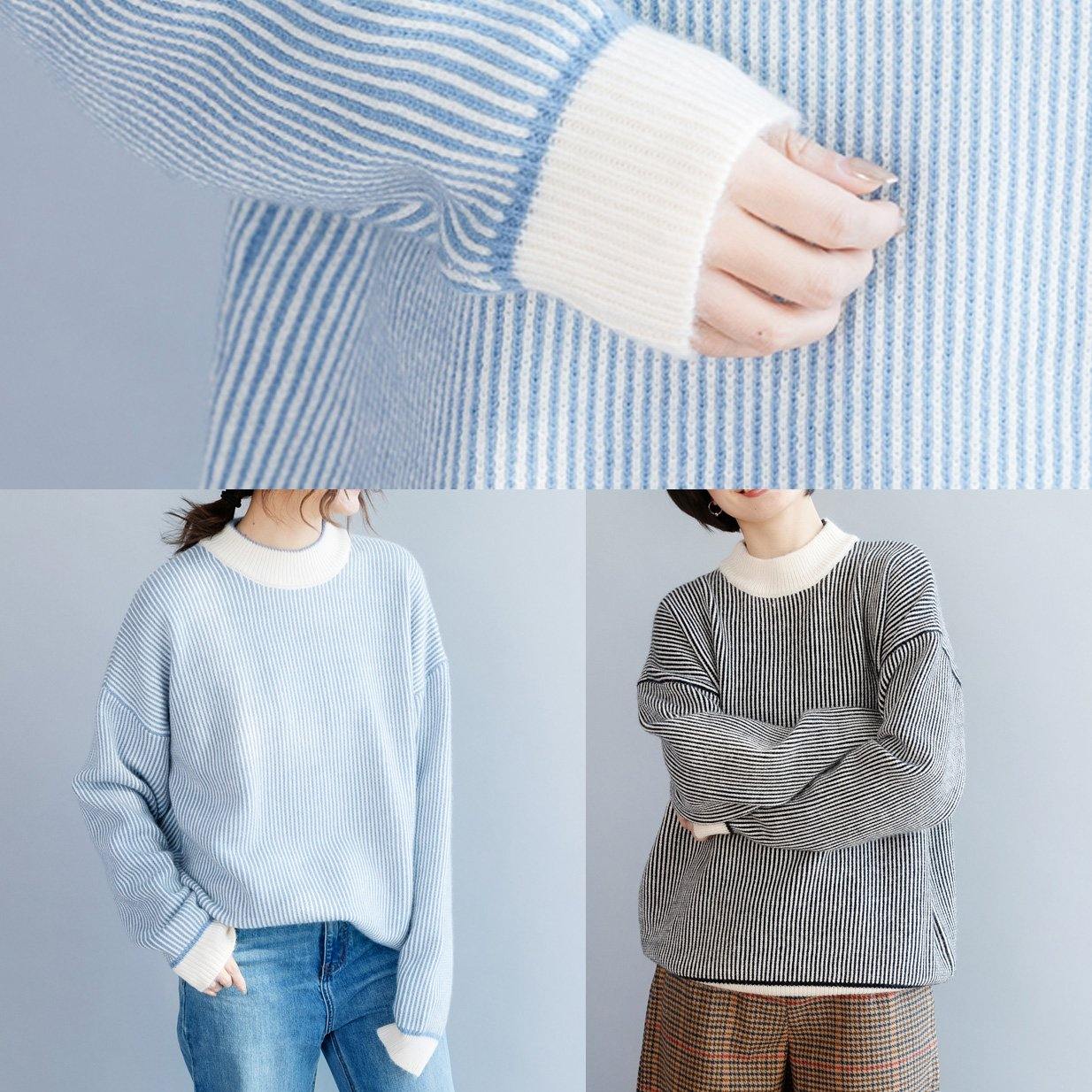 Wild Black White Striped Knit Sweat Tops Oversized Patchwork Collar Sweater Tops
