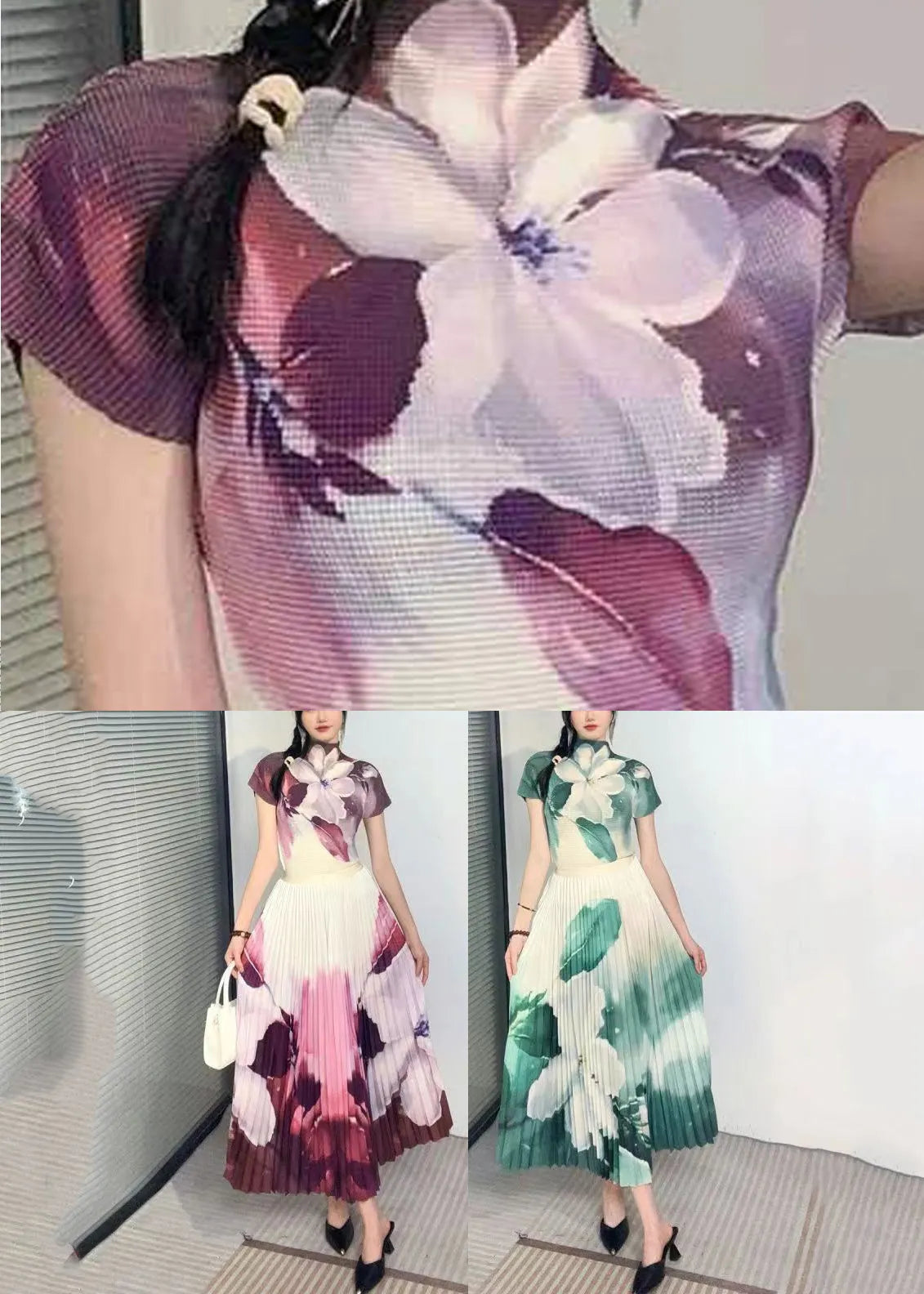 Italian Green Turtleneck Print Top and Skirts Two Piece Set Short Sleeve