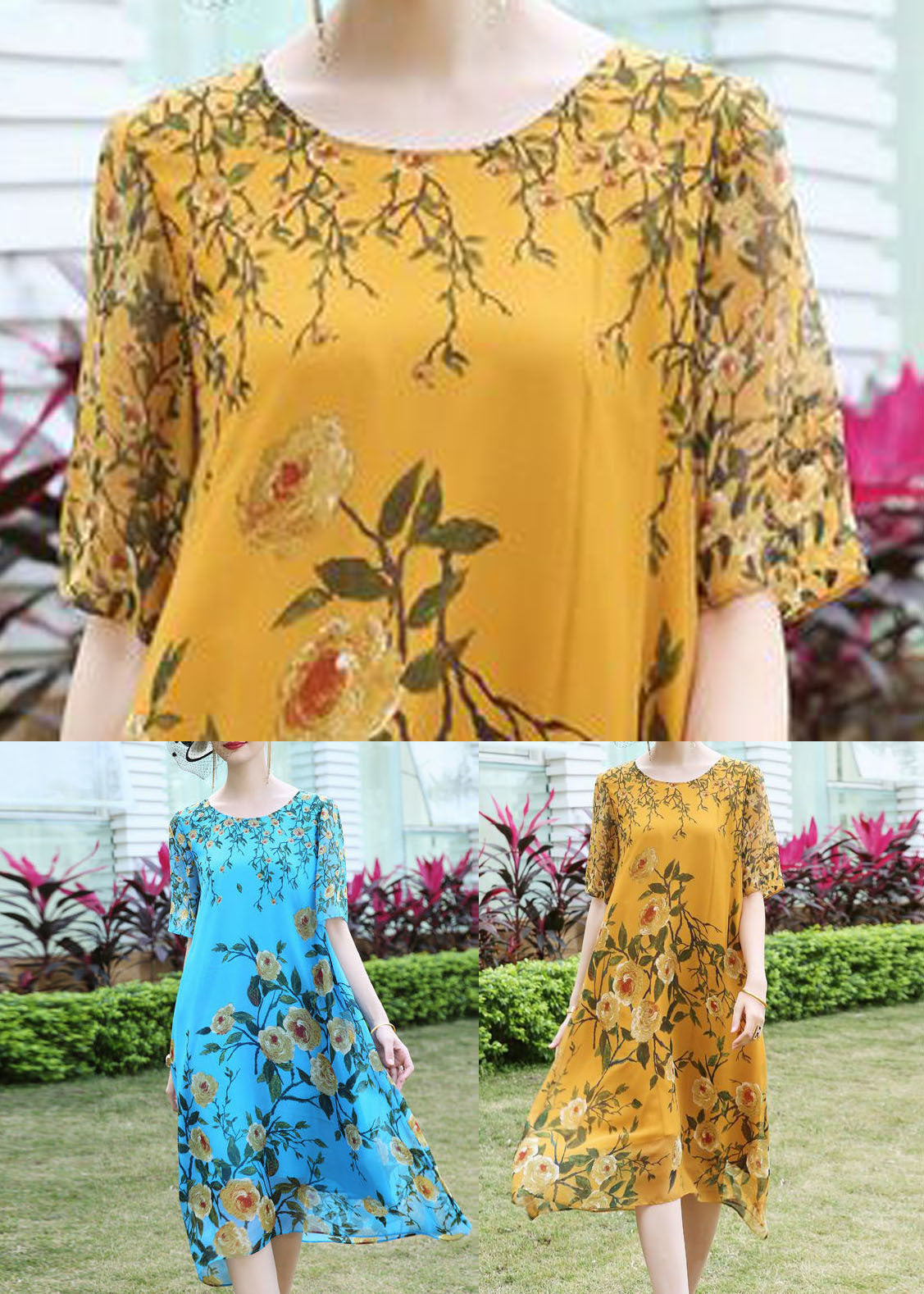 Yellow Print Silk Beach Dress O-neck Oversized Summer