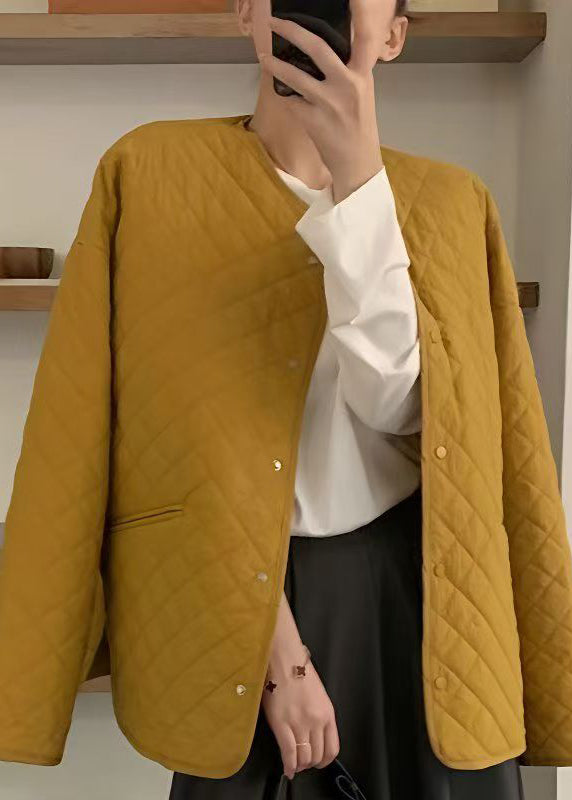 Yellow O Neck Pockets Fine Cotton Filled Jackets Fall