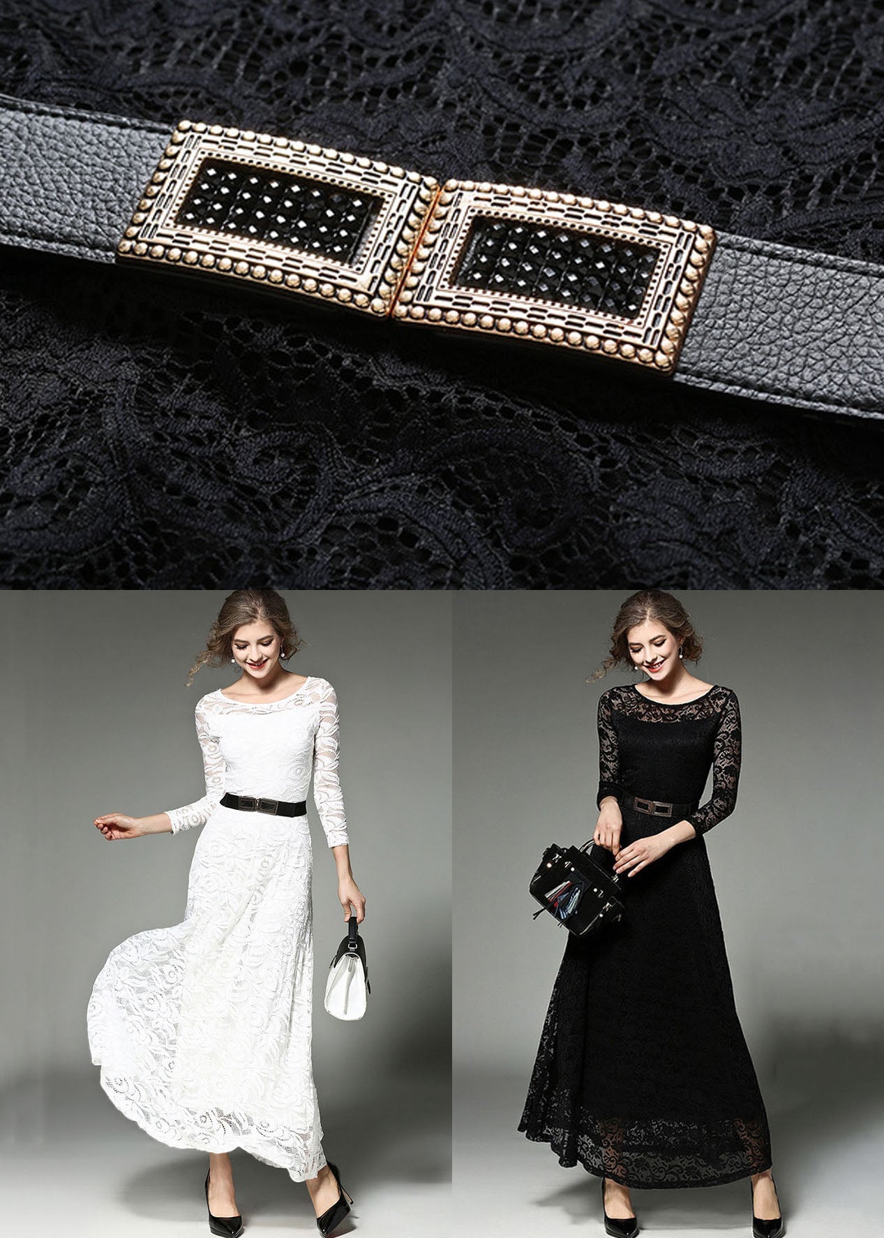 Black Sashes Patchwork Slim Fit Lace Long Dresses O-neck Bracelet Sleeve