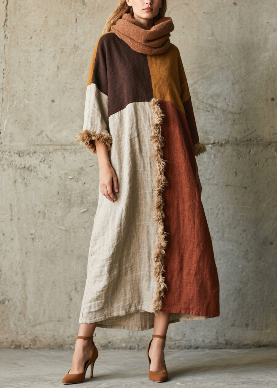 Stylish Colorblock Oversized Patchwork Faux Fur Robe Dresses Bracelet Sleeve