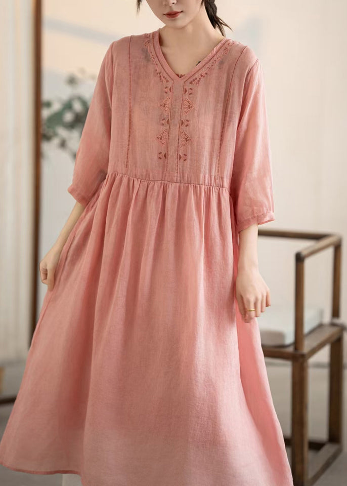Pink V Neck Patchwork Linen Dresses Summer