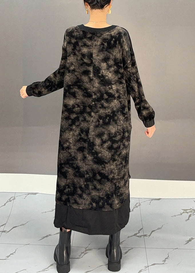 Black O-neck Tie Dye Side Open Silk Velvet Maxi Dress Winter