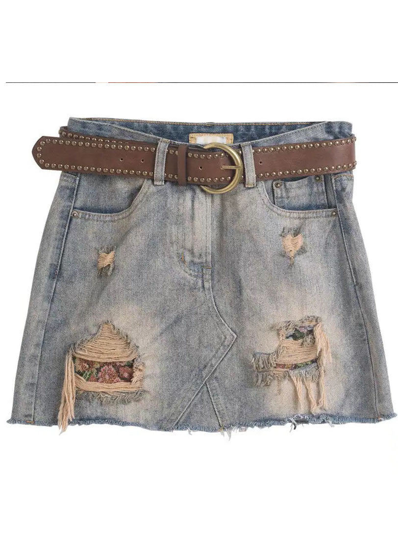 Grey High Waist Tassel Pockets Cotton Denim Ripped Skirts Cozy