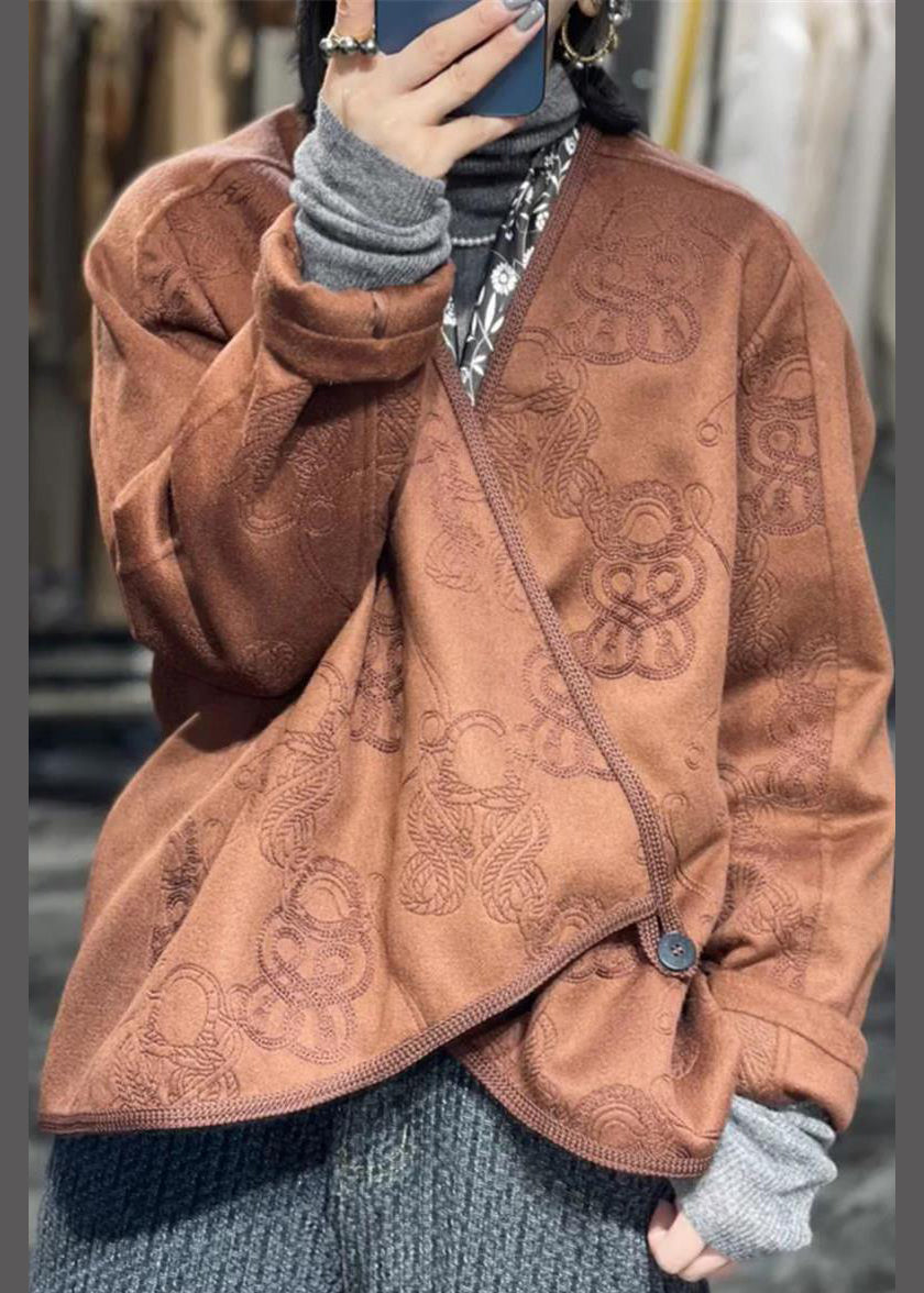 Jacquard Coffee Asymmetrical Button Cotton Coat Fall