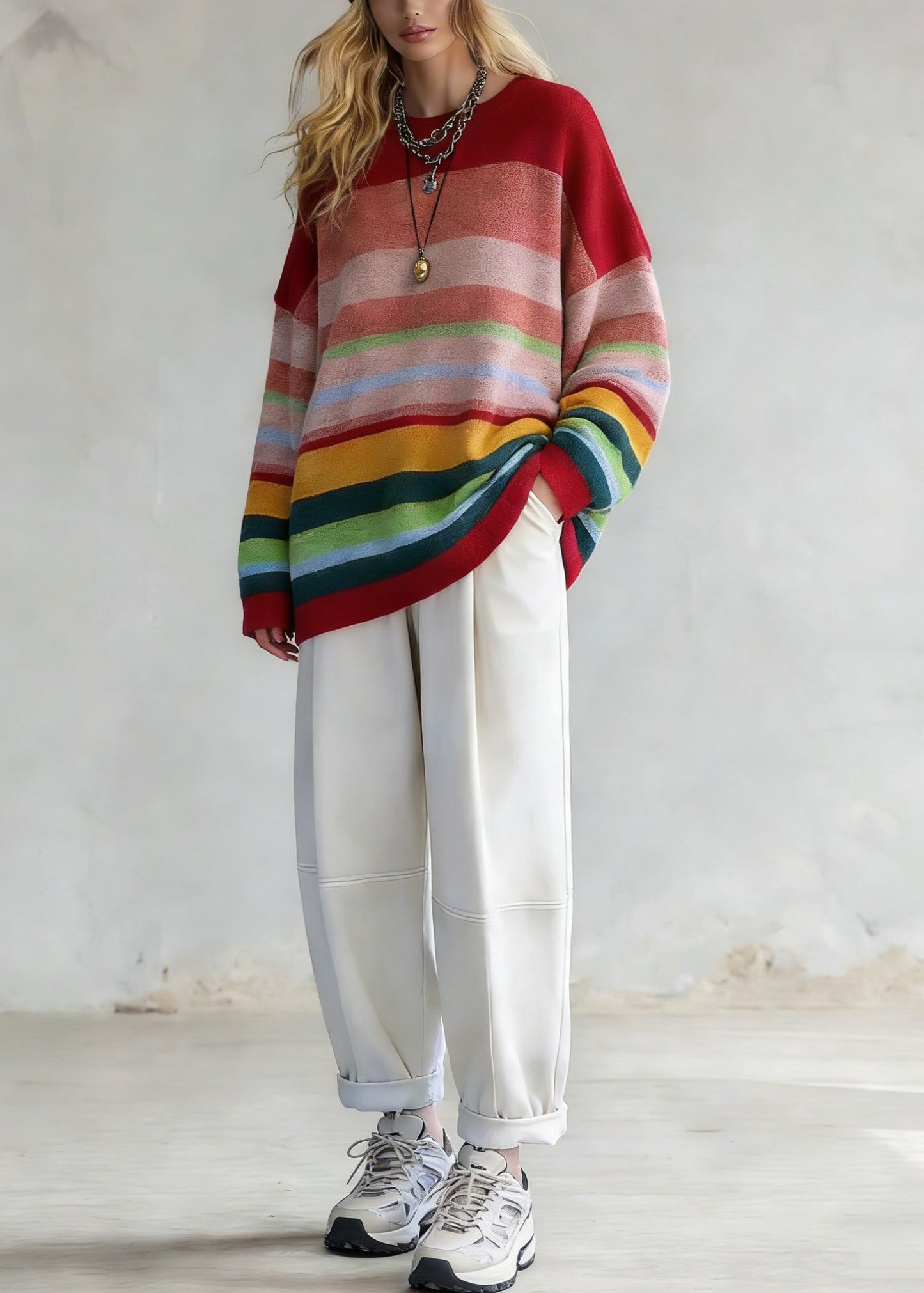 Rainbow Striped O-neck Knit Sweaters and White Pants Two Pieces Set Spring