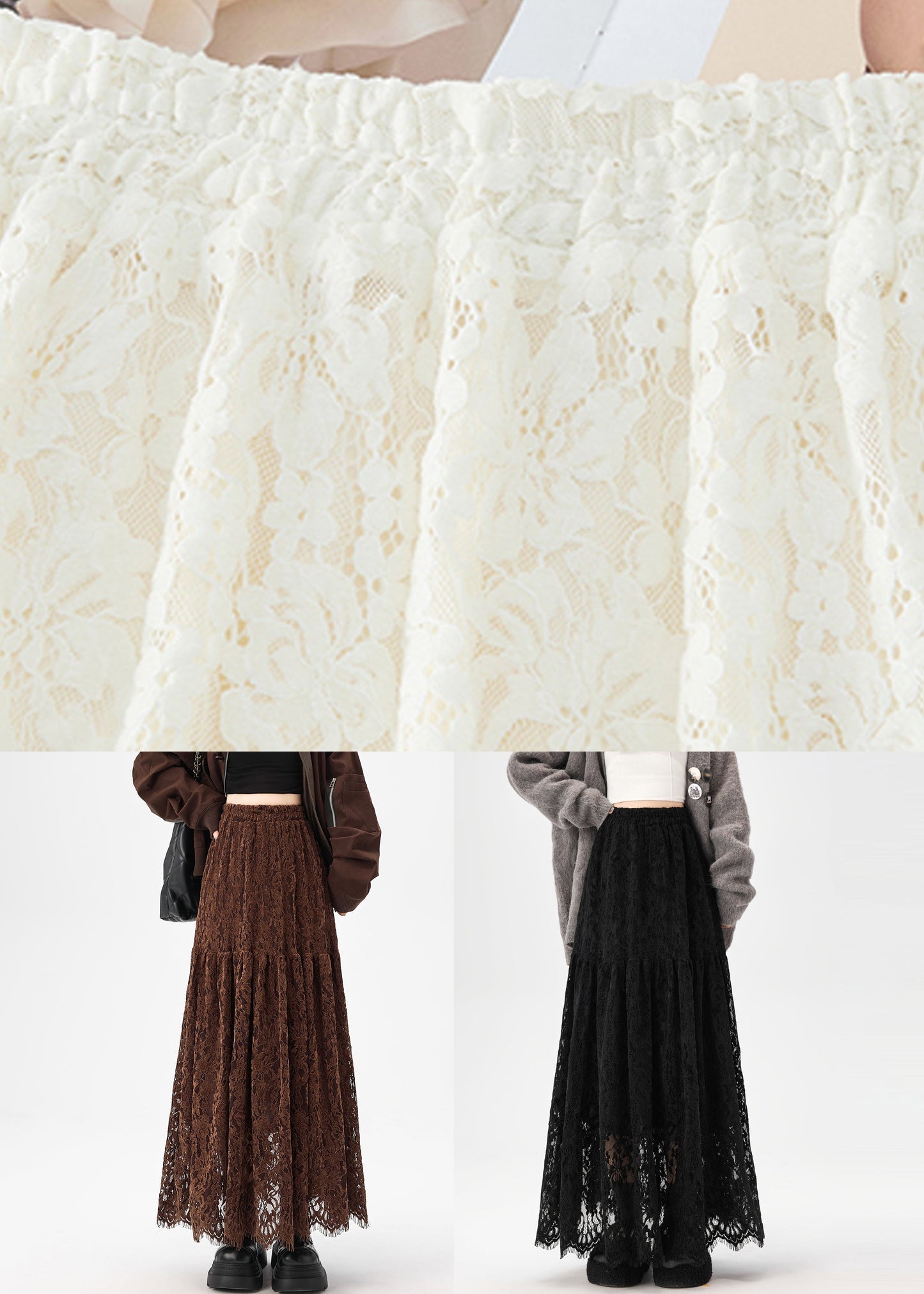 Original Coffee Hollow Out Patchwork Lace Skirts Fall