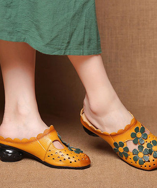 Hollow Out Yellow Cowhide Leather Slide Sandals