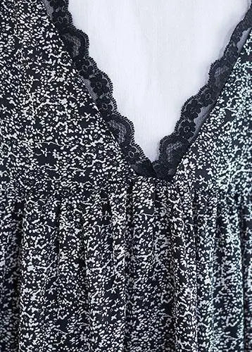 100% Black V Neck Chiffon Quilting Dresses Lace Ruffles Maxi Summer Dress