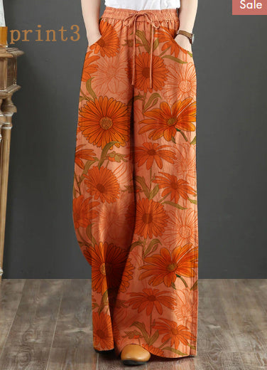 Orange Elastic Waist Linen Straight Pants Color Drawstring Summer