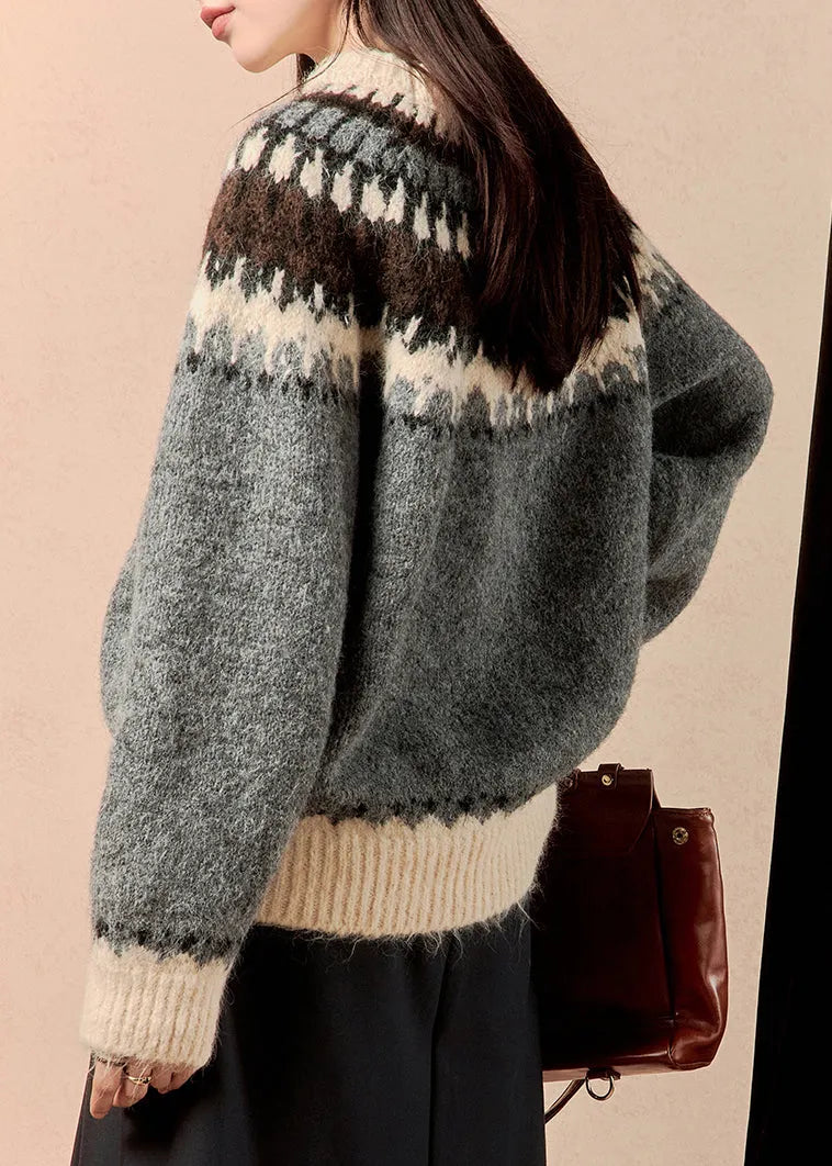 Grey O Neck Thick Patchwork Knit Sweater Winter