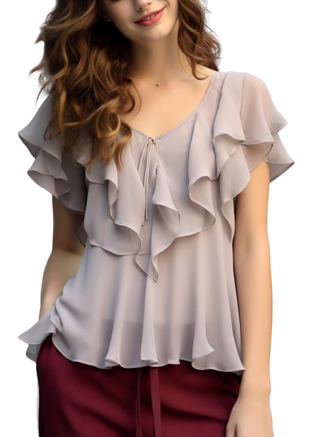 Grey Ruffled Patchwork Chiffon Blouses Summer