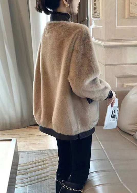 New Khaki Zippered Pockets Patchwork Leather and Fur Coat Winter
