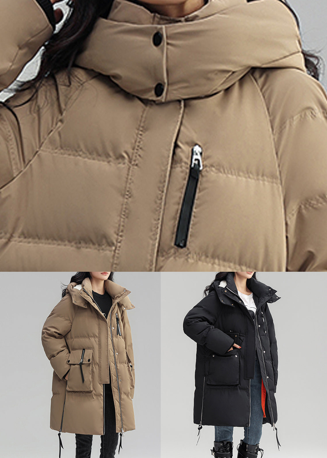 Khaki Hooded Button Patchwork Duck Down Coat Winter