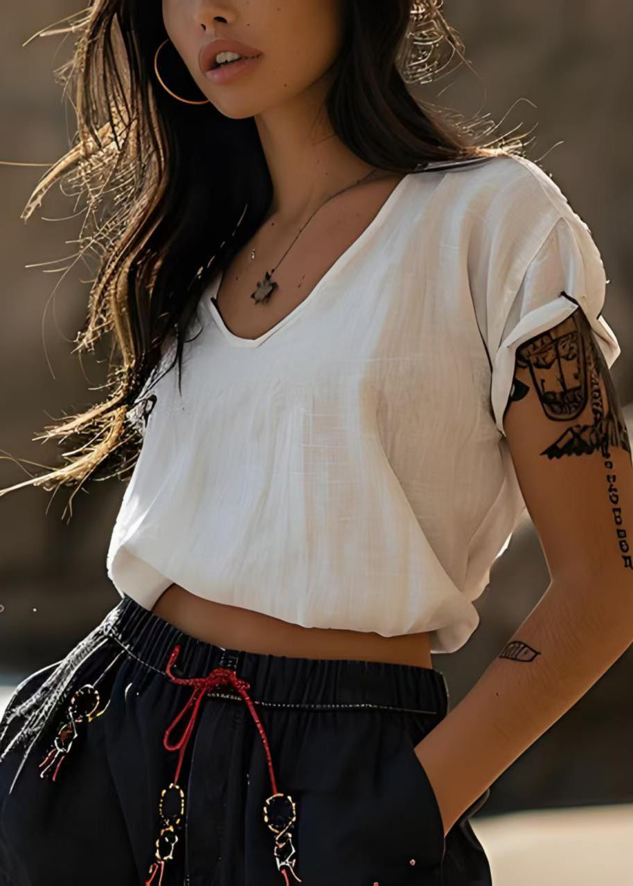 Stylish White V-neck Cotton Short T Shirts Tops Summer