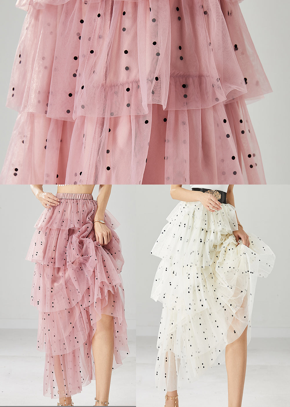 Stylish Pink Dot Print Layered Tulle a Line Skirts Fall