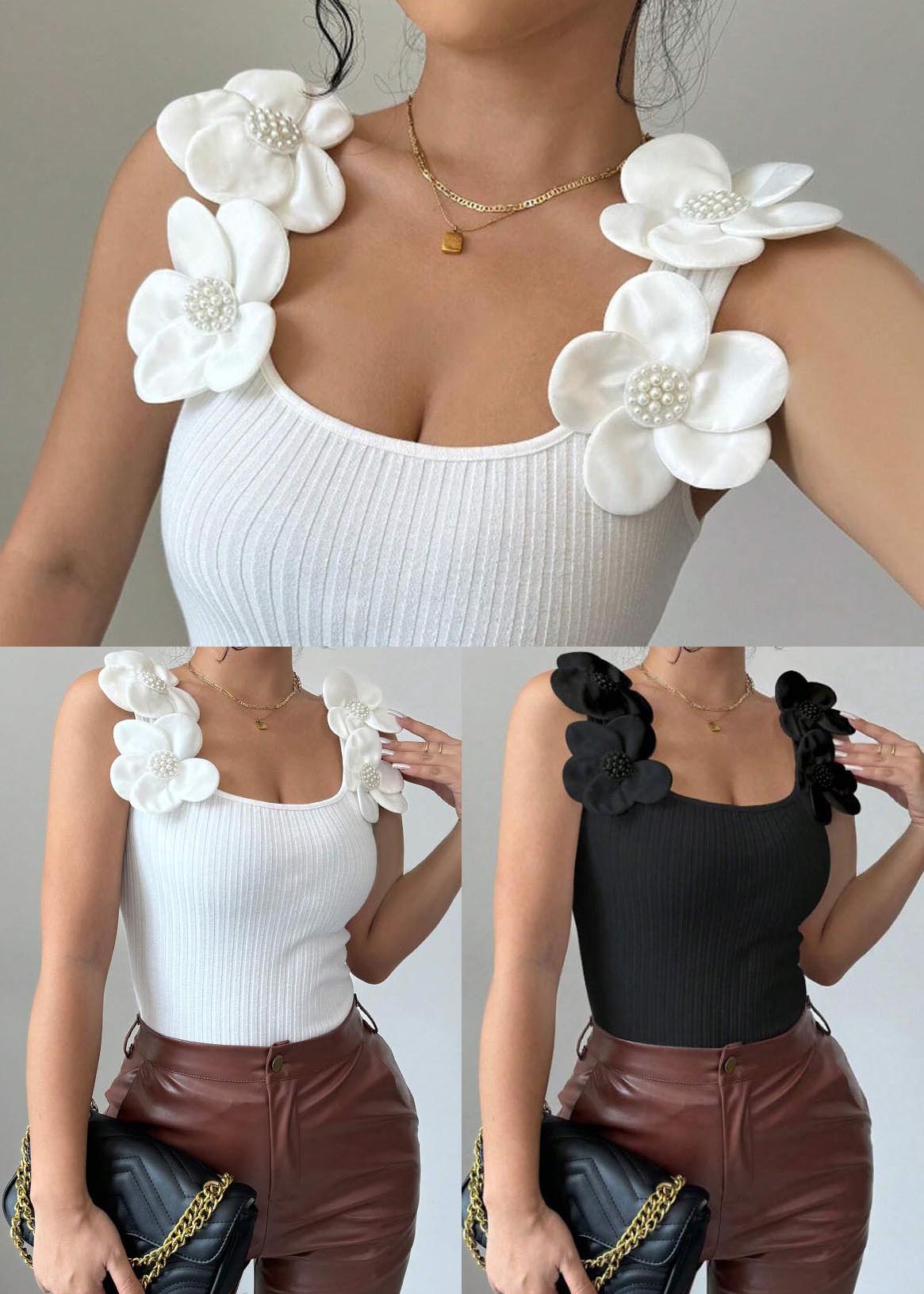 Silm Fit Black Decorated Cotton Tops Summer