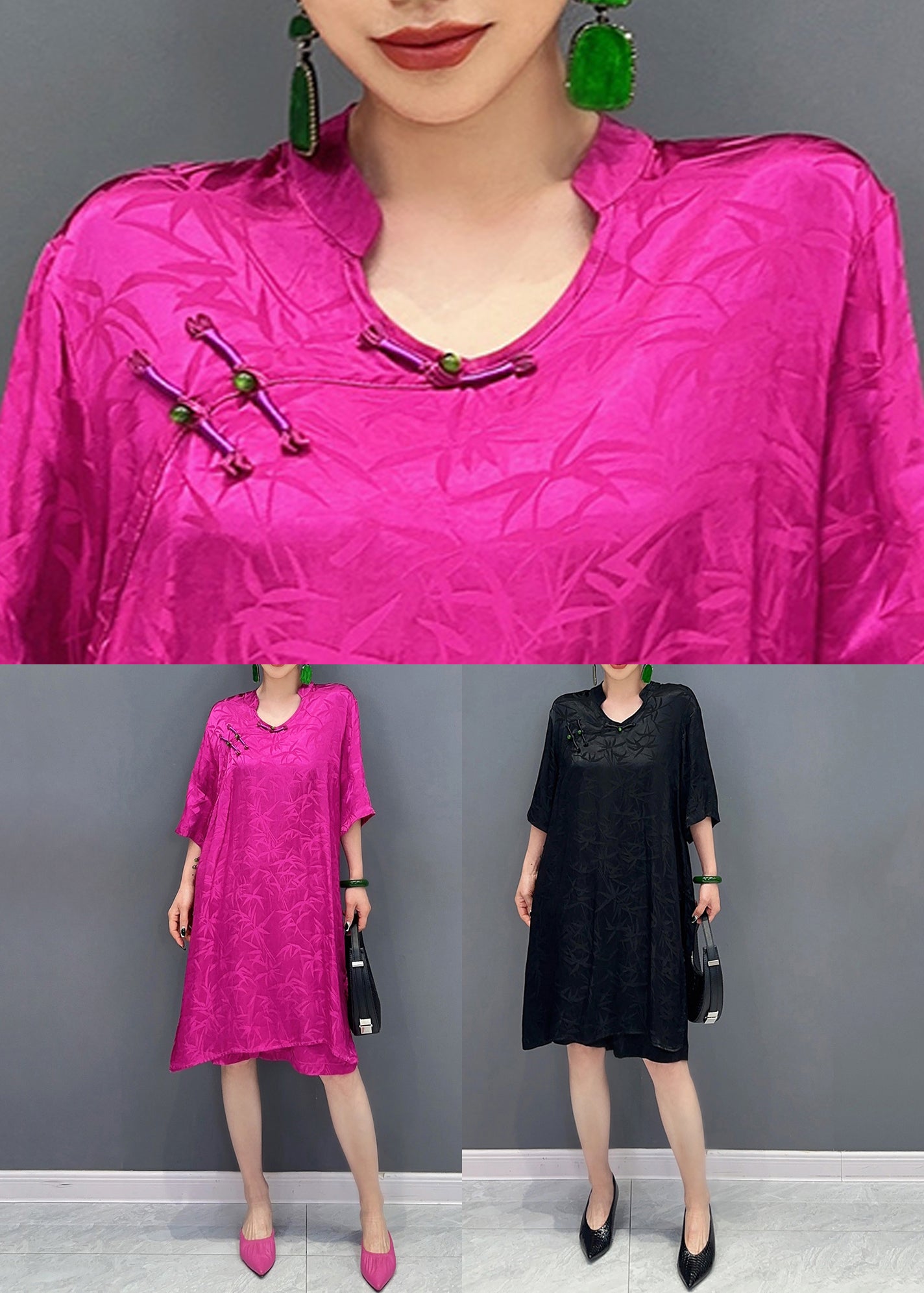 Black Shirts and Shorts Silk Two Pieces Set Chinese Button Summer