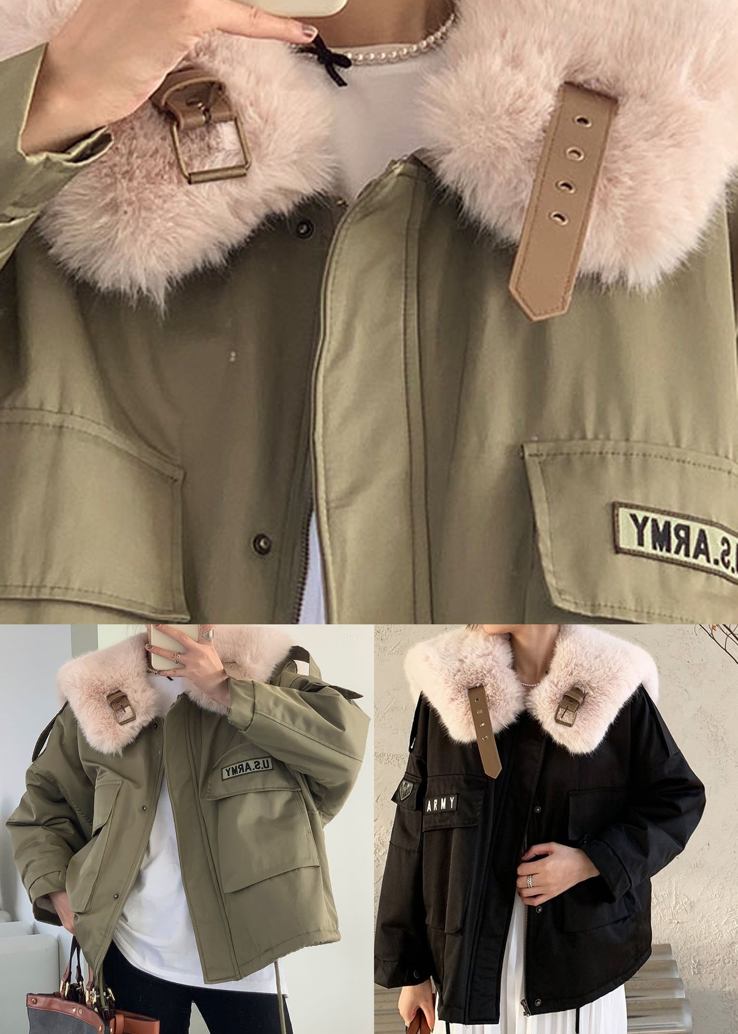 Black Fox Collar Zip Up Fine Cotton Filled Puffers Jackets Winter
