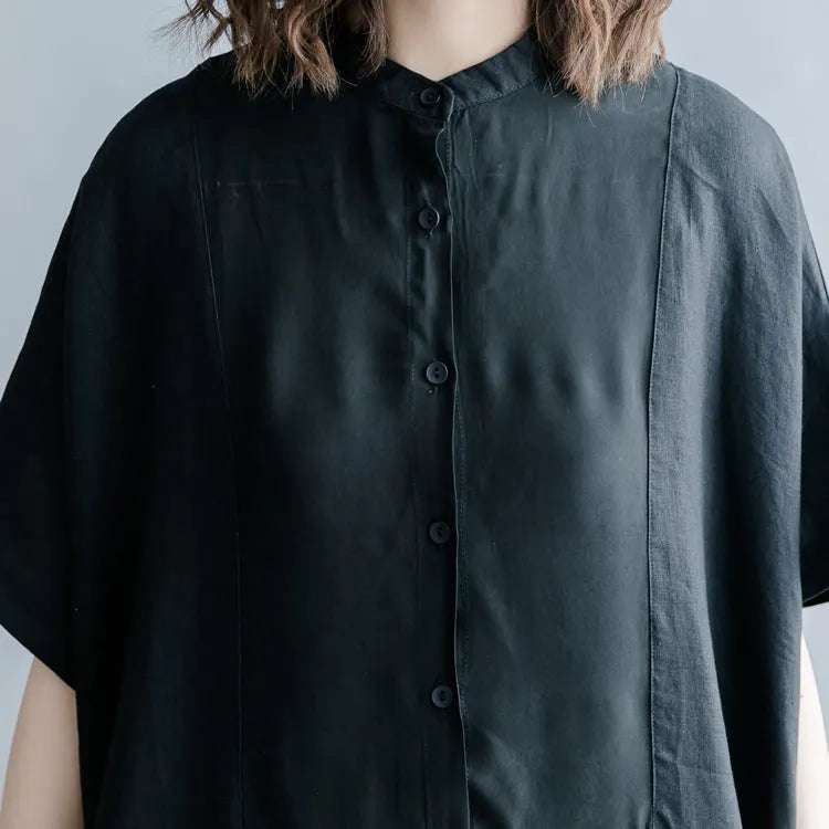 Fine Black Silk Linen Dresses Oversize Stand Baggy Dresses Caftans Short Sleeve Patchwork Gown