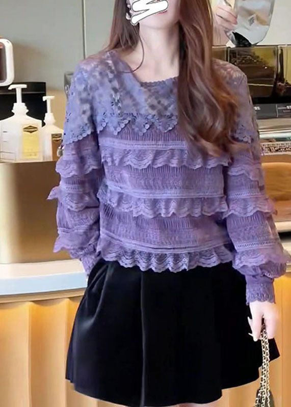 Purple O-neck Ruffled Patchwork Lace Tops Fall