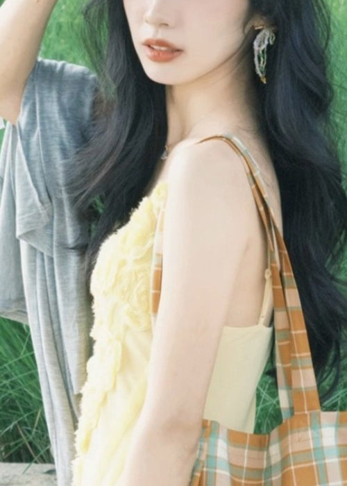 Yellow V Neck High Waist Spaghetti Strap Dress Sleeveless