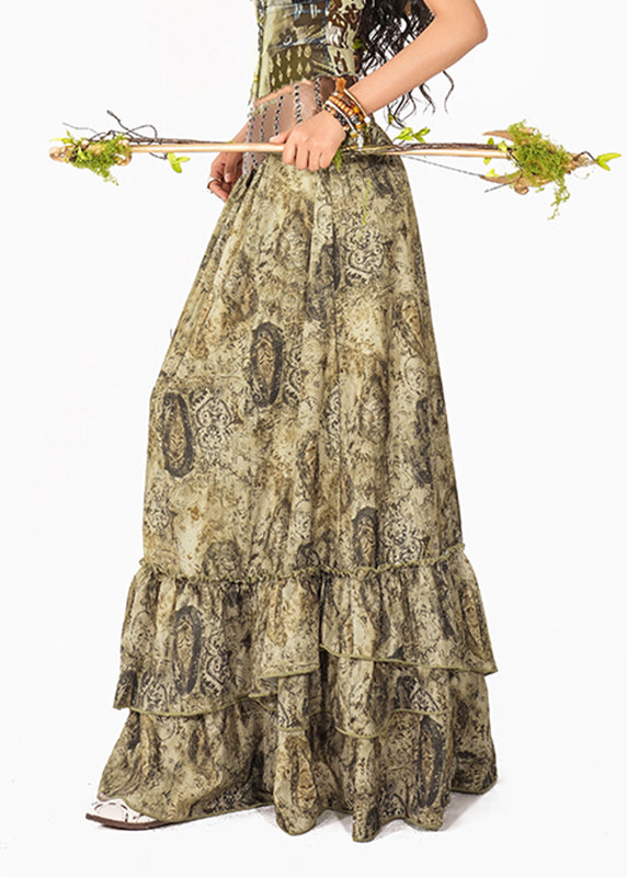 French Green Ruffled Patchwork a Line Skirts