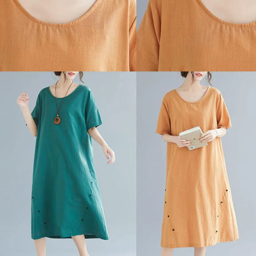 Green Button Decorated Linen Dresses Wild Summer Dresses