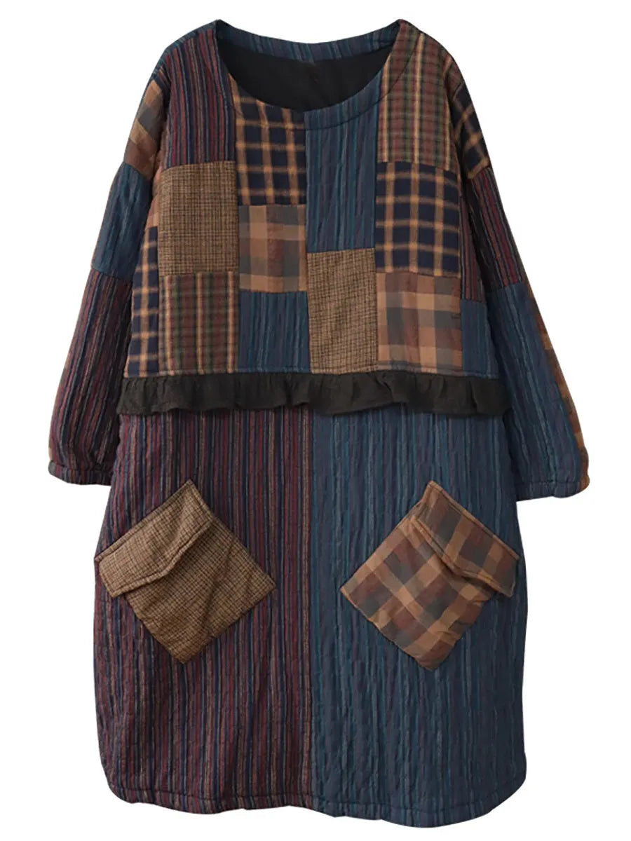 Thick Plaid Large Pocket Round Neck Padded Dress