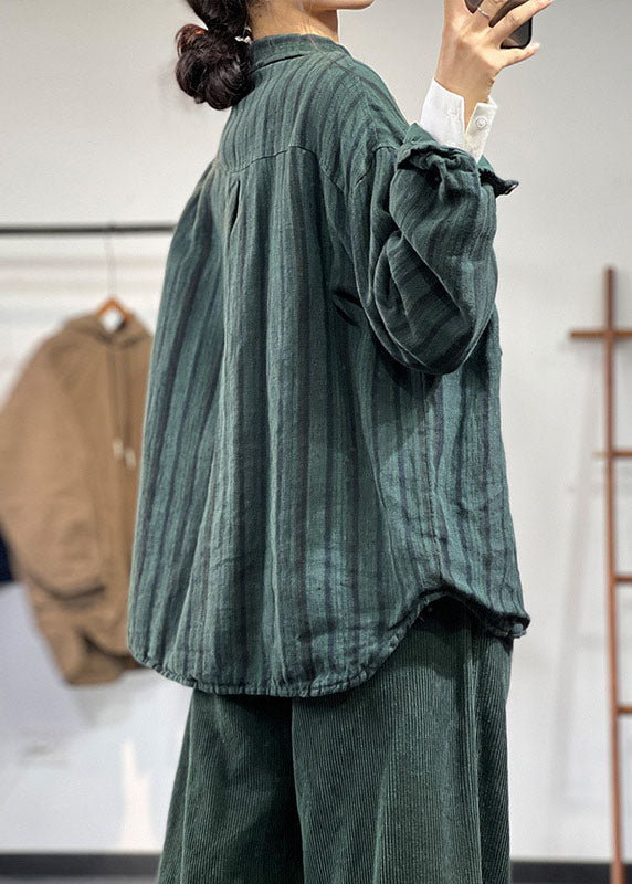 Green Peter Pan Collar Striped Thick Linen Coats Winter