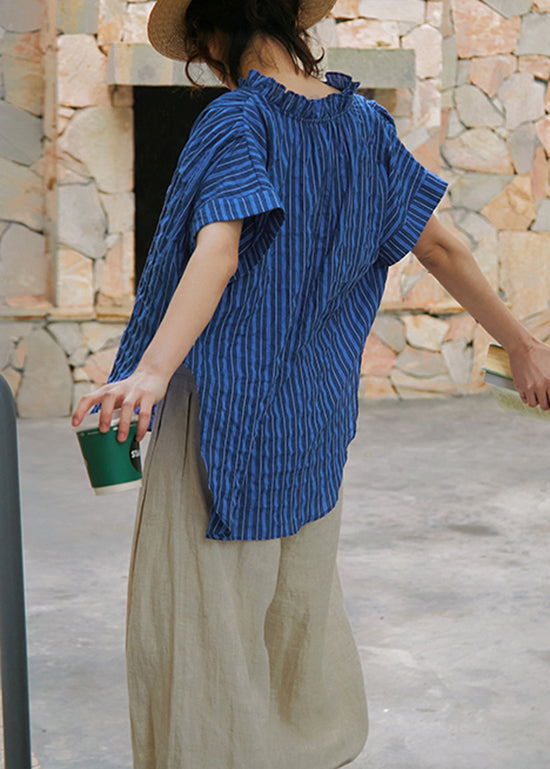 Blue Ruffled Striped Cotton Blouse Top Summer