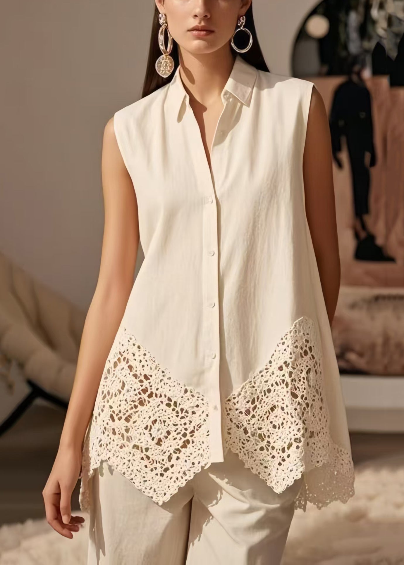 White Lace Patchwork Cotton Shirt Tops Sleeveless