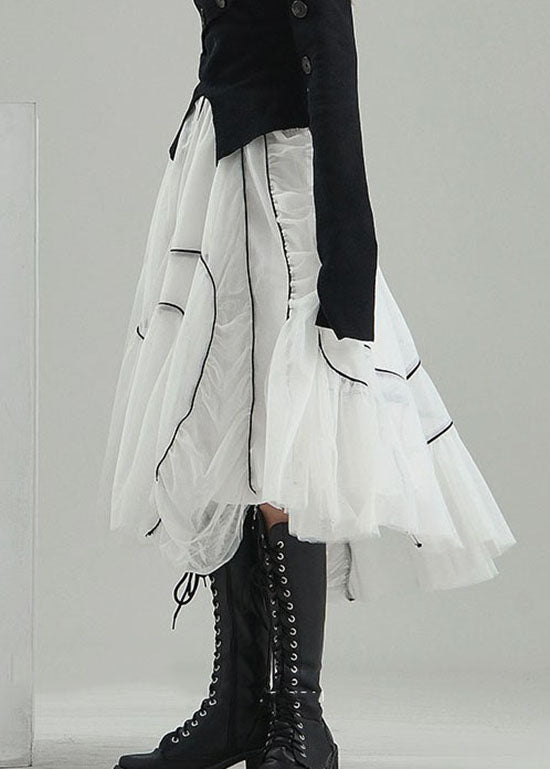 Organic White Wrinkled Asymmetrical Design Tulle Skirts Spring