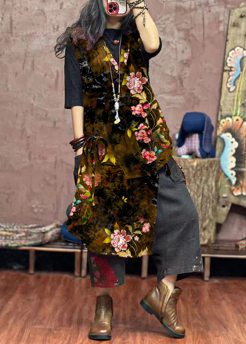 Red Asymmetrical Print Patchwork Cotton Waistcoat Sleeveless