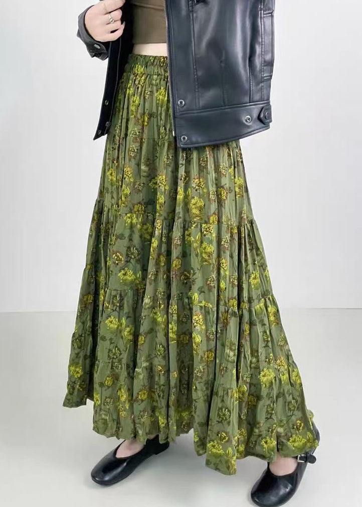 Green Print Wrinkled Elastic Waist Cotton Skirts Spring