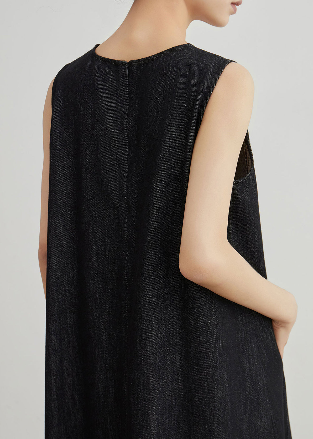 Black Embroidered Zippered Denim Dresses Sleeveless